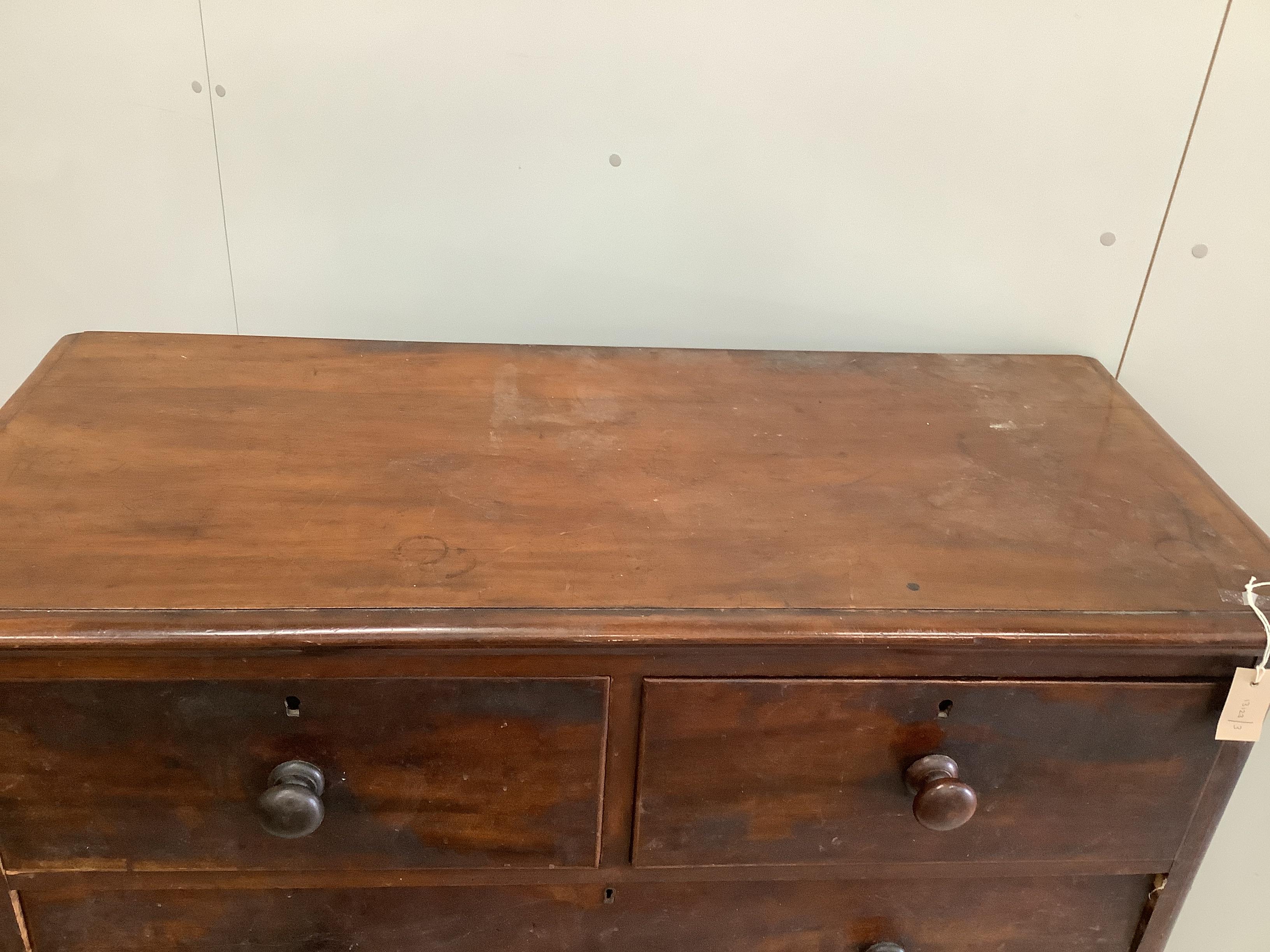 A Victorian mahogany five drawer chest, width 114cm, depth 51cm, height 120cm